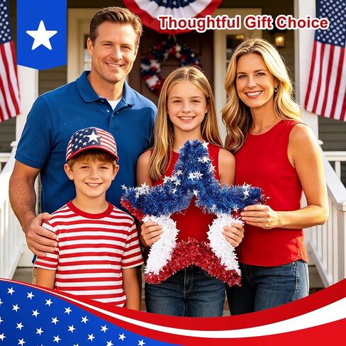 VeriNatural 4th of July Decorations - 19.5in Patriotic Red White and Blue Star Wreath - Independence Day Tinsel Wreath for Indoor Outdoor,Golf Cart, Party,Door and Wall Hanging Decor in Saudi Arabia