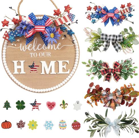 Idyllic 12 Inch Interchangeable Seasonal Welcome Sign Front Door Wreath Decor Wooden Plank with 5 Replaceable Wreaths and 12 Holiday Signs for Year Round Holiday Home Decor Front Door Fireplace in Saudi Arabia