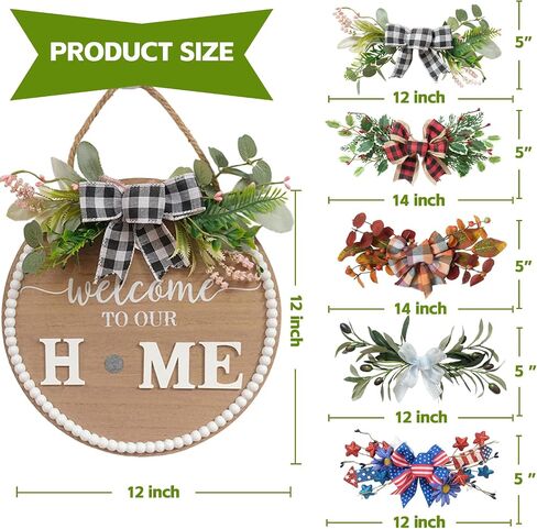Idyllic 12 Inch Interchangeable Seasonal Welcome Sign Front Door Wreath Decor Wooden Plank with 5 Replaceable Wreaths and 12 Holiday Signs for Year Round Holiday Home Decor Front Door Fireplace in Saudi Arabia