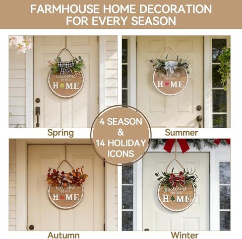Idyllic 12 Inch Interchangeable Seasonal Welcome Sign Front Door Wreath Decor Wooden Plank with 5 Replaceable Wreaths and 12 Holiday Signs for Year Round Holiday Home Decor Front Door Fireplace in Saudi Arabia