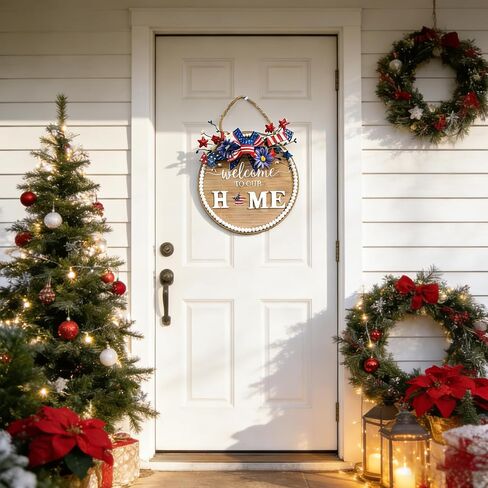 Idyllic 12 Inch Interchangeable Seasonal Welcome Sign Front Door Wreath Decor Wooden Plank with 5 Replaceable Wreaths and 12 Holiday Signs for Year Round Holiday Home Decor Front Door Fireplace in Saudi Arabia