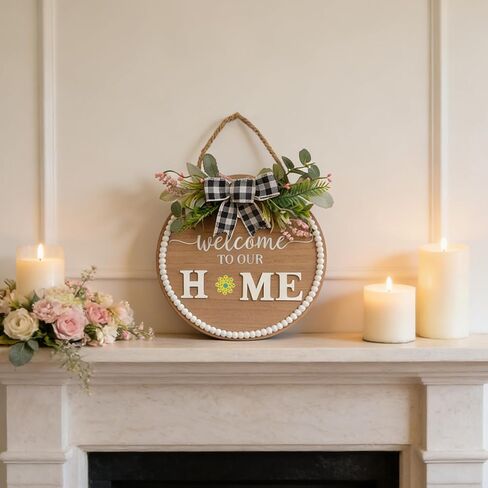 Idyllic 12 Inch Interchangeable Seasonal Welcome Sign Front Door Wreath Decor Wooden Plank with 5 Replaceable Wreaths and 12 Holiday Signs for Year Round Holiday Home Decor Front Door Fireplace in Saudi Arabia