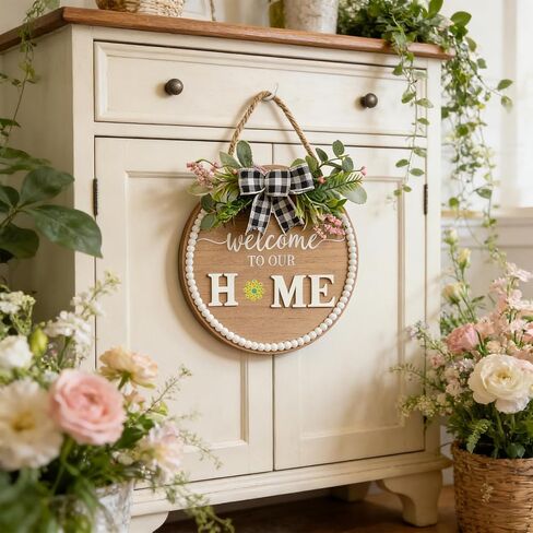 Idyllic 12 Inch Interchangeable Seasonal Welcome Sign Front Door Wreath Decor Wooden Plank with 5 Replaceable Wreaths and 12 Holiday Signs for Year Round Holiday Home Decor Front Door Fireplace in Saudi Arabia