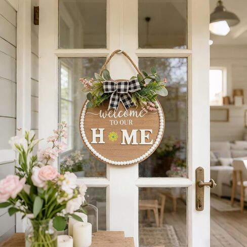 Idyllic 12 Inch Interchangeable Seasonal Welcome Sign Front Door Wreath Decor Wooden Plank with 5 Replaceable Wreaths and 12 Holiday Signs for Year Round Holiday Home Decor Front Door Fireplace in Saudi Arabia