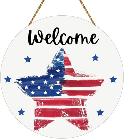 4th of July Decorations Patriotic Wreath American Flag Pentagram Welcome Sign Wooden 4th of July Wreaths for Front Door Decorations for Memorial Day Fourth of July Wall Indoor Home Decor in Kuwait