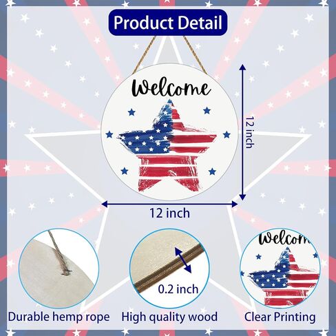 4th of July Decorations Patriotic Wreath American Flag Pentagram Welcome Sign Wooden 4th of July Wreaths for Front Door Decorations for Memorial Day Fourth of July Wall Indoor Home Decor in Kuwait