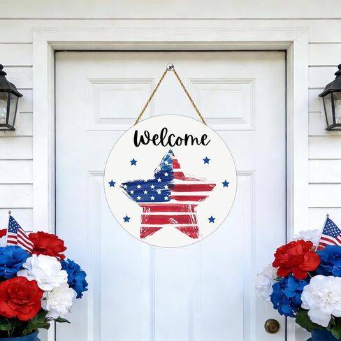 4th of July Decorations Patriotic Wreath American Flag Pentagram Welcome Sign Wooden 4th of July Wreaths for Front Door Decorations for Memorial Day Fourth of July Wall Indoor Home Decor in Kuwait