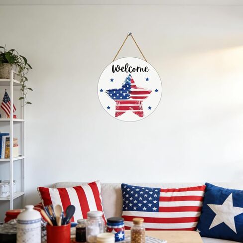 4th of July Decorations Patriotic Wreath American Flag Pentagram Welcome Sign Wooden 4th of July Wreaths for Front Door Decorations for Memorial Day Fourth of July Wall Indoor Home Decor in Kuwait