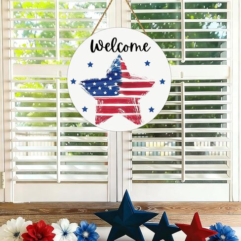 4th of July Decorations Patriotic Wreath American Flag Pentagram Welcome Sign Wooden 4th of July Wreaths for Front Door Decorations for Memorial Day Fourth of July Wall Indoor Home Decor in Kuwait