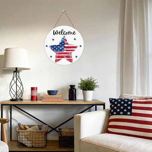 4th of July Decorations Patriotic Wreath American Flag Pentagram Welcome Sign Wooden 4th of July Wreaths for Front Door Decorations for Memorial Day Fourth of July Wall Indoor Home Decor in Kuwait