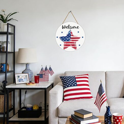 4th of July Decorations Patriotic Wreath American Flag Pentagram Welcome Sign Wooden 4th of July Wreaths for Front Door Decorations for Memorial Day Fourth of July Wall Indoor Home Decor in Kuwait