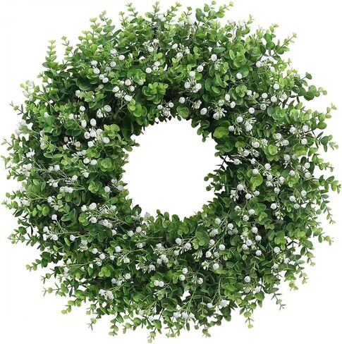Artificial Boxwood Wreath for Front Door, Farmhouse Year Round Greenery Wreath, Indoor Outdoor with Hanging Tag and Scarf DIY Decor, All Seasons Holiday Decoration (20-22Inch) in Saudi Arabia