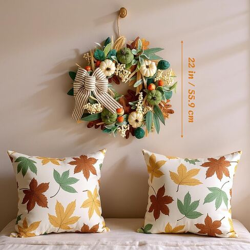 22in Fall Wreaths for Front Door, Large Autumn Door Wreath with Bow Pumpkin Autumn Wreath Decorations, Artificial Leaves Wreaths for Indoor Outdoor Home Porch Thanksgiving Farmhouse in Saudi Arabia