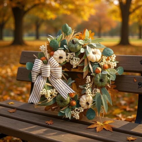 22in Fall Wreaths for Front Door, Large Autumn Door Wreath with Bow Pumpkin Autumn Wreath Decorations, Artificial Leaves Wreaths for Indoor Outdoor Home Porch Thanksgiving Farmhouse in Saudi Arabia