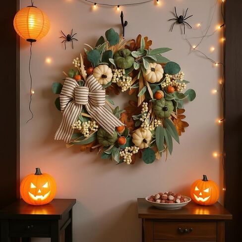 22in Fall Wreaths for Front Door, Large Autumn Door Wreath with Bow Pumpkin Autumn Wreath Decorations, Artificial Leaves Wreaths for Indoor Outdoor Home Porch Thanksgiving Farmhouse in Saudi Arabia
