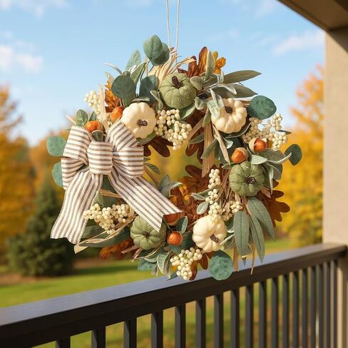 22in Fall Wreaths for Front Door, Large Autumn Door Wreath with Bow Pumpkin Autumn Wreath Decorations, Artificial Leaves Wreaths for Indoor Outdoor Home Porch Thanksgiving Farmhouse in Saudi Arabia