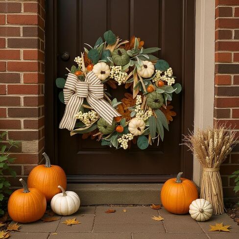 22in Fall Wreaths for Front Door, Large Autumn Door Wreath with Bow Pumpkin Autumn Wreath Decorations, Artificial Leaves Wreaths for Indoor Outdoor Home Porch Thanksgiving Farmhouse in Saudi Arabia