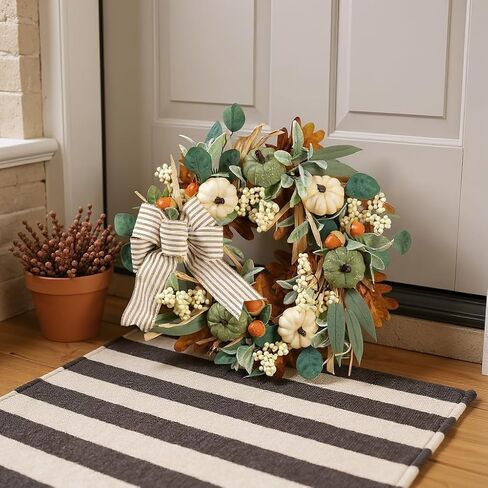 22in Fall Wreaths for Front Door, Large Autumn Door Wreath with Bow Pumpkin Autumn Wreath Decorations, Artificial Leaves Wreaths for Indoor Outdoor Home Porch Thanksgiving Farmhouse in Saudi Arabia