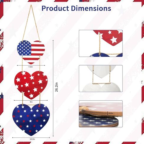 4th of July Decorations US 250th Anniversary Patriotic Decorations, Wooden Heart Patriotic Wreath Hanging Sign for Front Door Decor for Memorial Day Fourth of July Porch Wall Indoor Home Decor in Saudi Arabia