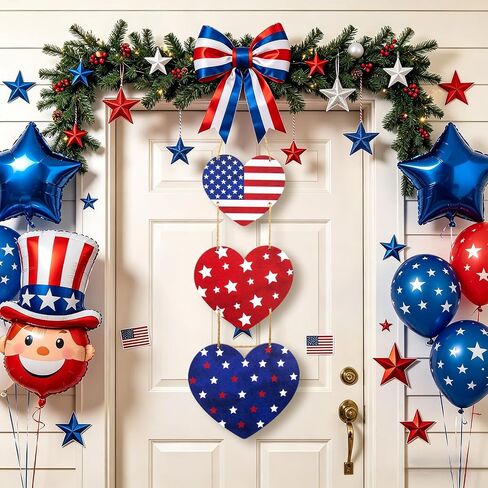 4th of July Decorations US 250th Anniversary Patriotic Decorations, Wooden Heart Patriotic Wreath Hanging Sign for Front Door Decor for Memorial Day Fourth of July Porch Wall Indoor Home Decor in Saudi Arabia