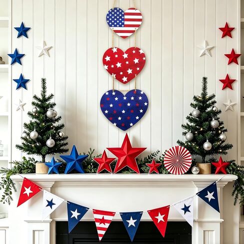 4th of July Decorations US 250th Anniversary Patriotic Decorations, Wooden Heart Patriotic Wreath Hanging Sign for Front Door Decor for Memorial Day Fourth of July Porch Wall Indoor Home Decor in Saudi Arabia