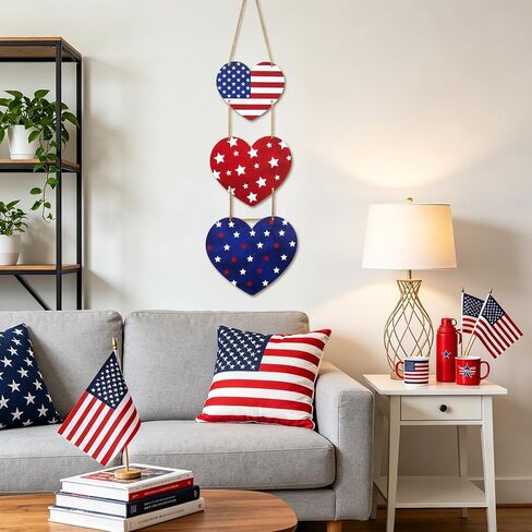 4th of July Decorations US 250th Anniversary Patriotic Decorations, Wooden Heart Patriotic Wreath Hanging Sign for Front Door Decor for Memorial Day Fourth of July Porch Wall Indoor Home Decor in Saudi Arabia
