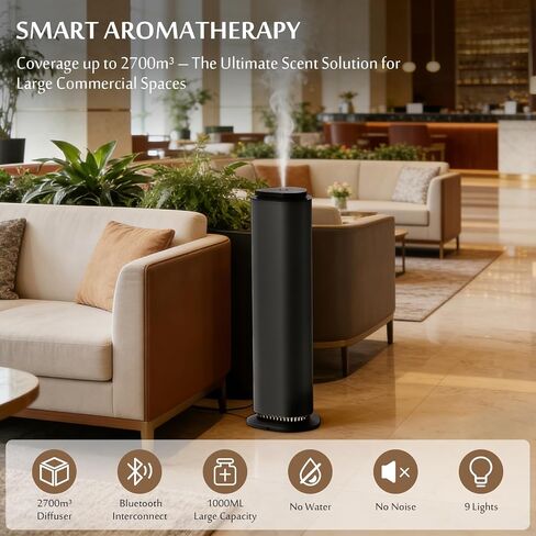 Waterless Essential Oil Diffuser, 9000 Sq Ft Large Coverage Scent Diffuser with Bluetooth App Control,1000ml Smart Aromatherapy Diffuser for Home, Hotel Collection, Alloy Body with 9-Color Light in Saudi Arabia