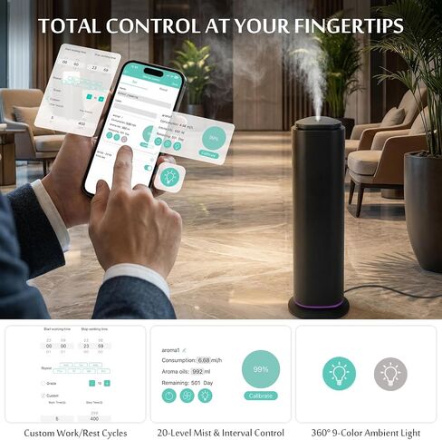 Waterless Essential Oil Diffuser, 9000 Sq Ft Large Coverage Scent Diffuser with Bluetooth App Control,1000ml Smart Aromatherapy Diffuser for Home, Hotel Collection, Alloy Body with 9-Color Light in Saudi Arabia