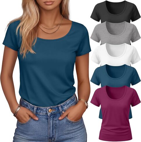 Huukeay 5 Pack Women's Scoop Neck Short Sleeve T-shirts Casual Basic Tops Loose Fit Summer Lounge Plain Tees Multipack in Kuwait