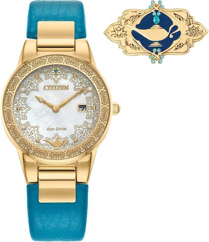 Citizen Eco-Drive Ladies' Disney Aladdin 30th Anniversary, Princess Jasmine Teal Leather Strap Watch and Pin Gift Set, Mother-of-Pearl Dial, Crystals, 30mm (Model: GA1072-07D) in Kuwait
