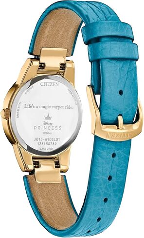 Citizen Eco-Drive Ladies' Disney Aladdin 30th Anniversary, Princess Jasmine Teal Leather Strap Watch and Pin Gift Set, Mother-of-Pearl Dial, Crystals, 30mm (Model: GA1072-07D) in Kuwait
