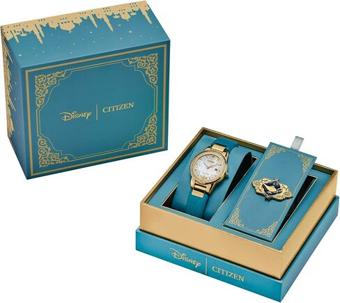 Citizen Eco-Drive Ladies' Disney Aladdin 30th Anniversary, Princess Jasmine Teal Leather Strap Watch and Pin Gift Set, Mother-of-Pearl Dial, Crystals, 30mm (Model: GA1072-07D) in Kuwait