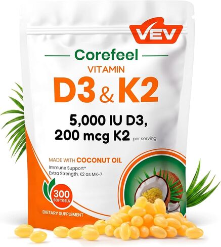 VEV Corefeel Vitamin D3 K2, 5000 IU D3 100mcg K2 (MK-7), 300 Softgels, 2-in-1 Vitamin D & K Supplement with Coconut Oil, Easy to Swallow in Saudi Arabia