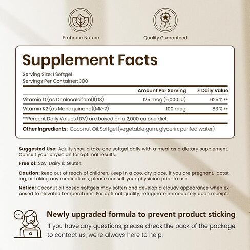 VEV Corefeel Vitamin D3 K2, 5000 IU D3 100mcg K2 (MK-7), 300 Softgels, 2-in-1 Vitamin D & K Supplement with Coconut Oil, Easy to Swallow in Saudi Arabia