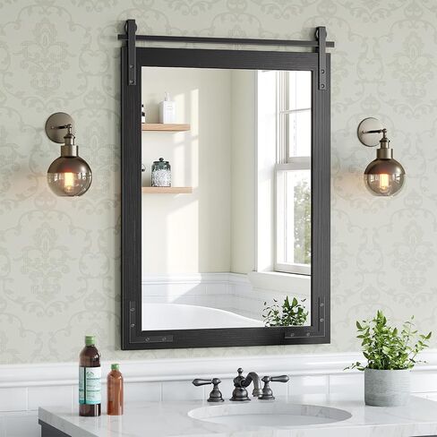 Brightify Farmhouse Bathroom Wall Mirror 22"x30" Black Rustic Wall Mirror with Solid Fir Wood Frame, Barn Door Style Mirror for Bathroom Over Sink, Entryway, Living Room, Bedroom, Easy Hanging in Saudi Arabia