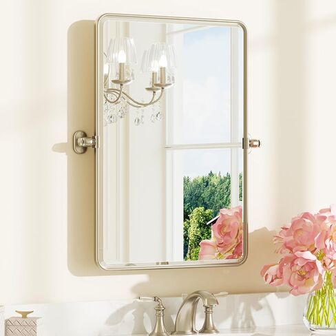 Keonjinn 24 x 36 Inch Pivot Mirror Bathroom, Brushed Nickel Tilt Mirror Bathroom for Wall, Beveled Pivot Rectangle Mirrors for Over Sink, Farmhouse Metal Framed Vanity Mirrors, Horizontal/Vertical in Saudi Arabia