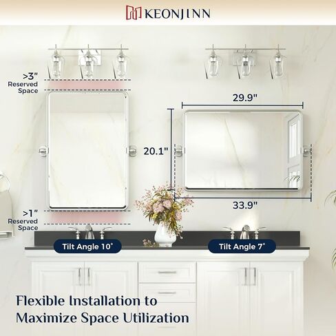 Keonjinn 24 x 36 Inch Pivot Mirror Bathroom, Brushed Nickel Tilt Mirror Bathroom for Wall, Beveled Pivot Rectangle Mirrors for Over Sink, Farmhouse Metal Framed Vanity Mirrors, Horizontal/Vertical in Saudi Arabia