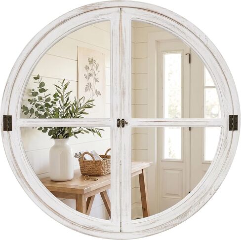 30" Round Window Mirror, Distressed White Solid Wood Frame & Faux Windowpanes, Shatterproof Tempered Glass, Farmhouse Cottagecore Decor for Living Room, Entryway, Dining Room in Saudi Arabia