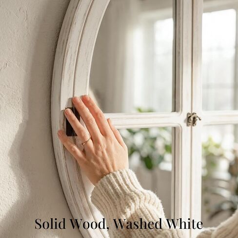 30" Round Window Mirror, Distressed White Solid Wood Frame & Faux Windowpanes, Shatterproof Tempered Glass, Farmhouse Cottagecore Decor for Living Room, Entryway, Dining Room in Saudi Arabia