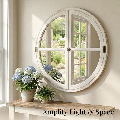 30" Round Window Mirror, Distressed White Solid Wood Frame & Faux Windowpanes, Shatterproof Tempered Glass, Farmhouse Cottagecore Decor for Living Room, Entryway, Dining Room in Saudi Arabia