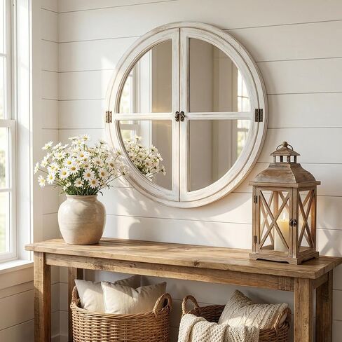 30" Round Window Mirror, Distressed White Solid Wood Frame & Faux Windowpanes, Shatterproof Tempered Glass, Farmhouse Cottagecore Decor for Living Room, Entryway, Dining Room in Saudi Arabia