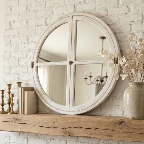 30" Round Window Mirror, Distressed White Solid Wood Frame & Faux Windowpanes, Shatterproof Tempered Glass, Farmhouse Cottagecore Decor for Living Room, Entryway, Dining Room in Saudi Arabia