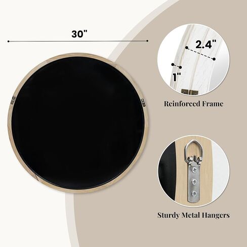 30" Round Window Mirror, Distressed White Solid Wood Frame & Faux Windowpanes, Shatterproof Tempered Glass, Farmhouse Cottagecore Decor for Living Room, Entryway, Dining Room in Saudi Arabia
