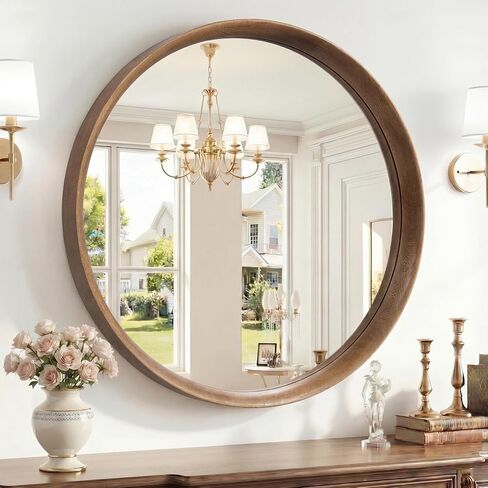Brakki Round Wall Mirror with Wood Frame, 24 inch Circle Mirror for Bathroom Bedroom Entryway Vanity Living Room, HD Shatterproof Glass, Wall Mounted Decor, Hanging or Leaning, Walnut in Saudi Arabia