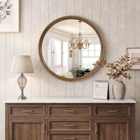 Brakki Round Wall Mirror with Wood Frame, 24 inch Circle Mirror for Bathroom Bedroom Entryway Vanity Living Room, HD Shatterproof Glass, Wall Mounted Decor, Hanging or Leaning, Walnut in Saudi Arabia