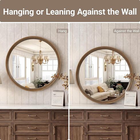 Brakki Round Wall Mirror with Wood Frame, 24 inch Circle Mirror for Bathroom Bedroom Entryway Vanity Living Room, HD Shatterproof Glass, Wall Mounted Decor, Hanging or Leaning, Walnut in Saudi Arabia
