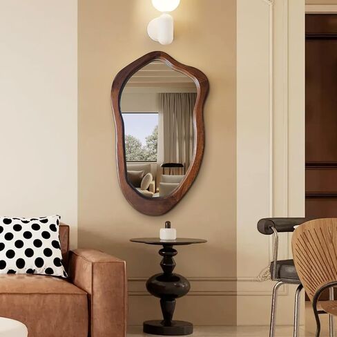 Irregular Wall Mirror 40"x24", Walnut Asymmetrical Mirror, Wood Bathroom Mirrors Wall Mounted, Wall Mirrors Decorative for Living Room, Bedroom, Bathroom, Hallway, Entryway in Saudi Arabia