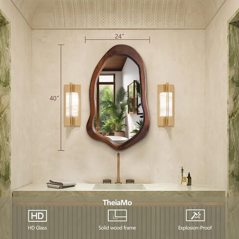 Irregular Wall Mirror 40"x24", Walnut Asymmetrical Mirror, Wood Bathroom Mirrors Wall Mounted, Wall Mirrors Decorative for Living Room, Bedroom, Bathroom, Hallway, Entryway in Saudi Arabia