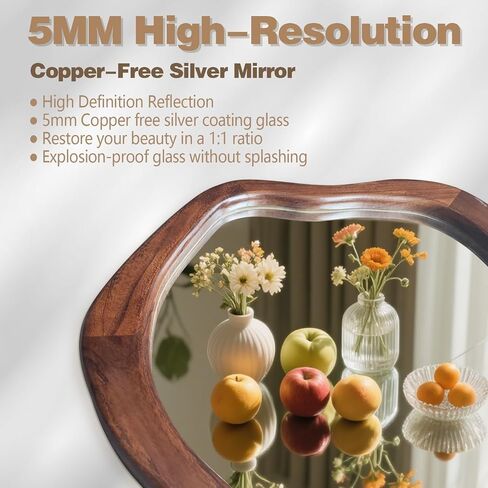 Irregular Wall Mirror 40"x24", Walnut Asymmetrical Mirror, Wood Bathroom Mirrors Wall Mounted, Wall Mirrors Decorative for Living Room, Bedroom, Bathroom, Hallway, Entryway in Saudi Arabia