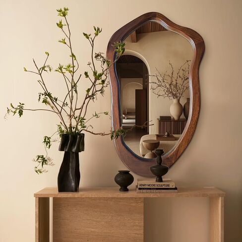 Irregular Wall Mirror 40"x24", Walnut Asymmetrical Mirror, Wood Bathroom Mirrors Wall Mounted, Wall Mirrors Decorative for Living Room, Bedroom, Bathroom, Hallway, Entryway in Saudi Arabia
